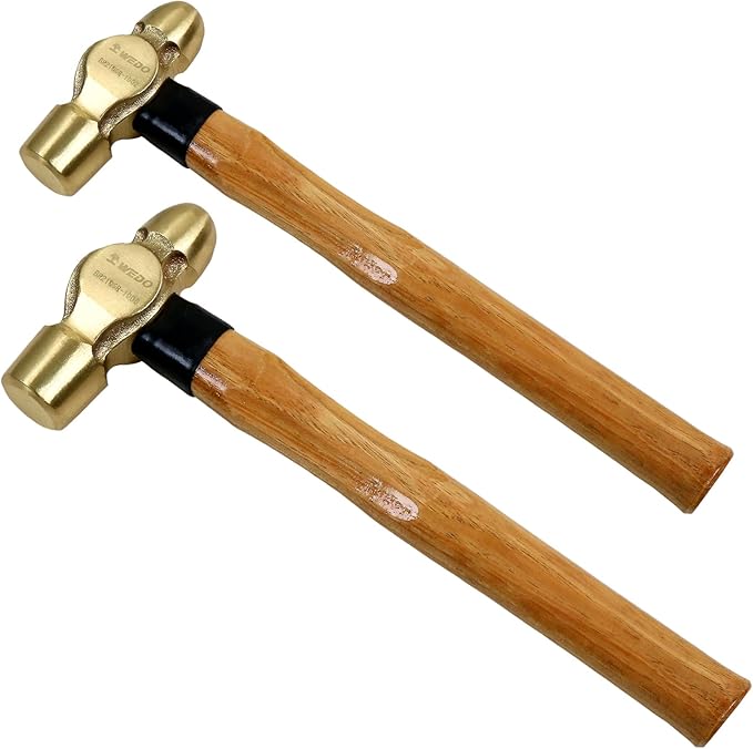 WEDO 2PCS Brass Ball Peen Hammer Set,8 oz + 16 oz(1/2lb+1lb), Brass Ball Pein Hammer Set with Wooden Handle, Die-Forged, Corrosion Resistant, DIN Standard