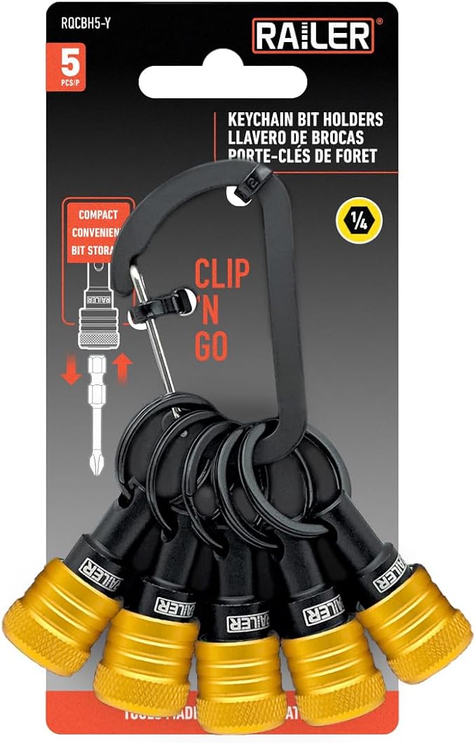 Railer Bit Holder Keychain 5pc - 1/4 inch Hex Shank Bit Holders - Quick Release Bit Holder for Nut Driver, Screwdriver & Drill Bits w/Key Chain Carabiner