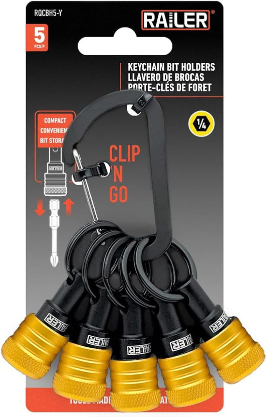 Railer Bit Holder Keychain 5pc - 1/4 inch Hex Shank Bit Holders - Quick Release Bit Holder for Nut Driver, Screwdriver & Drill Bits w/Key Chain Carabiner