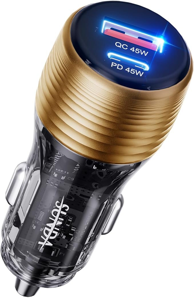 SUNDA 90W USB C Fast Car Charger, 2-Port Car Adapter, PD45W/QC45W QC 3.0 Phone Charger for iPhone 17/16 Pro/Max/iPhone 15/Laptop/Galaxy/Samsung S25/S24 (Gold)