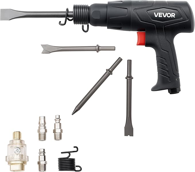 VEVOR Air Hammer, 2500-2700BPM Pneumatic Hammer with 2.76-inch Stroke & 4PCS 6.7" Long Barrel Chisels, Pistol-Grip Compact Air Chisel Pneumatic Shovel Tool for Cutting Scraping Demolishing