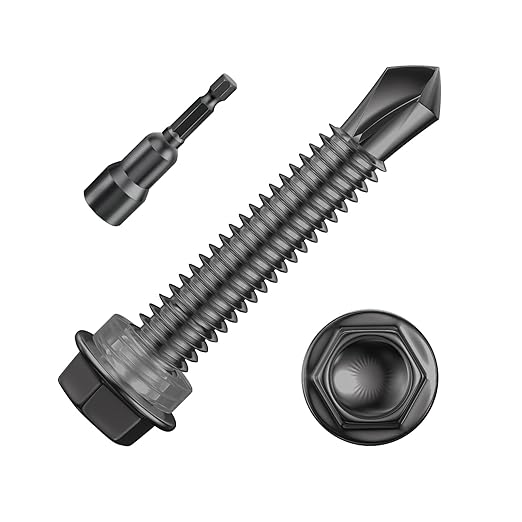 (250Pcs)#12×1-1/4" Black Hex Washer Head Self Drilling Screws, 410 Stainless Steel Metal SheetScrews，TEK Screws, Sheet Metal Self Tapping Screws