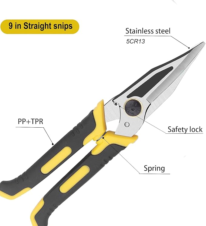9 Inch Aviation Tin Snips Heavy Duty Shears Straight Metal Cutter with Comfort Grip and Stainless Steel Blades Multifunction Cutting of Cable Wires,Thin Iron,Cardboard etc