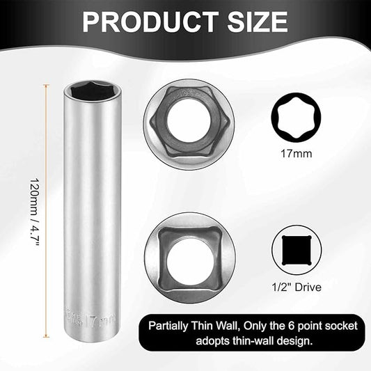 HARFINGTON 2pcs 6 Points Deep Socket 1/2" Drive 17mm Deep Metric CR-V Steel Polished Nickel Plating Flip Sleeve 120mm / 4.7" Extra Long Socket Tool for Home Auto Nuts Bolts Repair