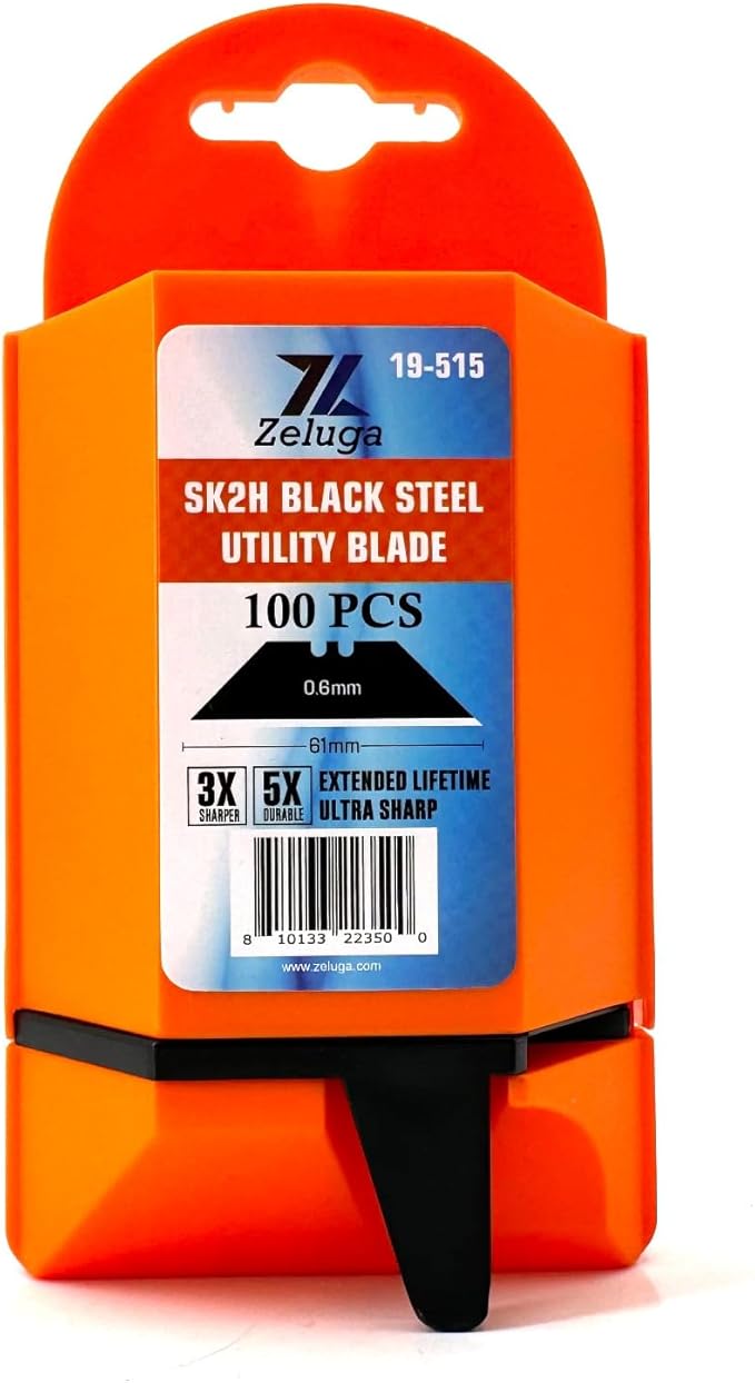 19-515 Utility Knife Blades With Dispenser, 100pcs, SK2H Laser Sharpened Hardened Black Carbon Steel, Razor Blades Refills