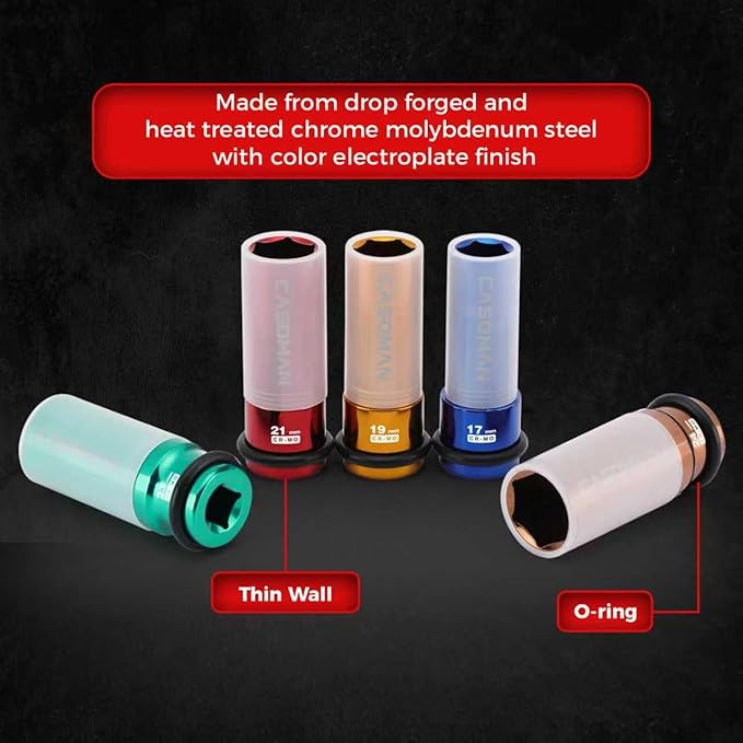 CASOMAN 7PCS 1/2" Drive Deep Lug Nut Impact Socket Set, Non-marring & Thin Wall Wheel Protector, Color-Coded, 85mm Length, 6 Point, Metric, CR-MO