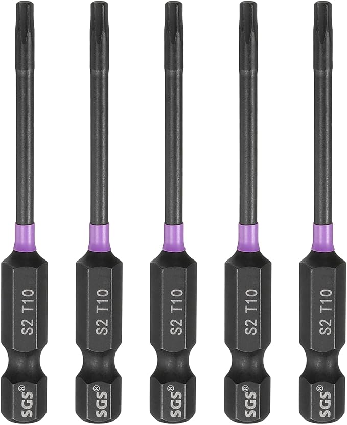 HARFINGTON 5pcs T10 Torx Head Impact Screwdriver Bits 1/4" Hex Shank 2.6" (65mm) Long Magnetic No Hole Tamper Proof 6 Point Star Screw Driver Drill Bits Phosphate S2 Steel Power Tools