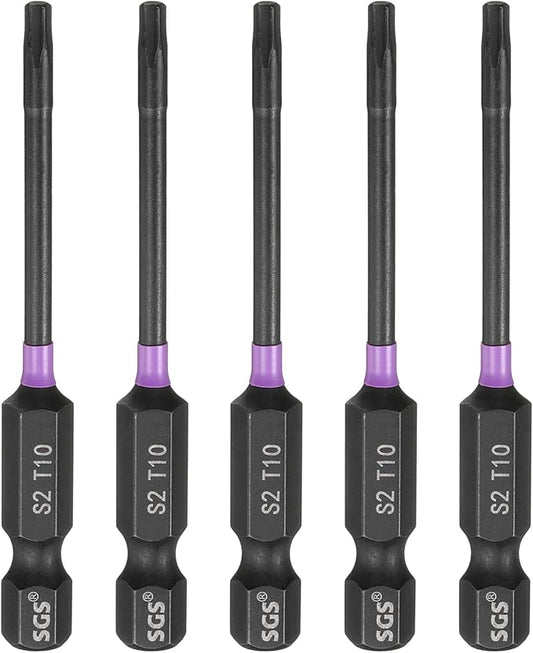 HARFINGTON 5pcs T10 Torx Head Impact Screwdriver Bits 1/4" Hex Shank 2.6" (65mm) Long Magnetic No Hole Tamper Proof 6 Point Star Screw Driver Drill Bits Phosphate S2 Steel Power Tools