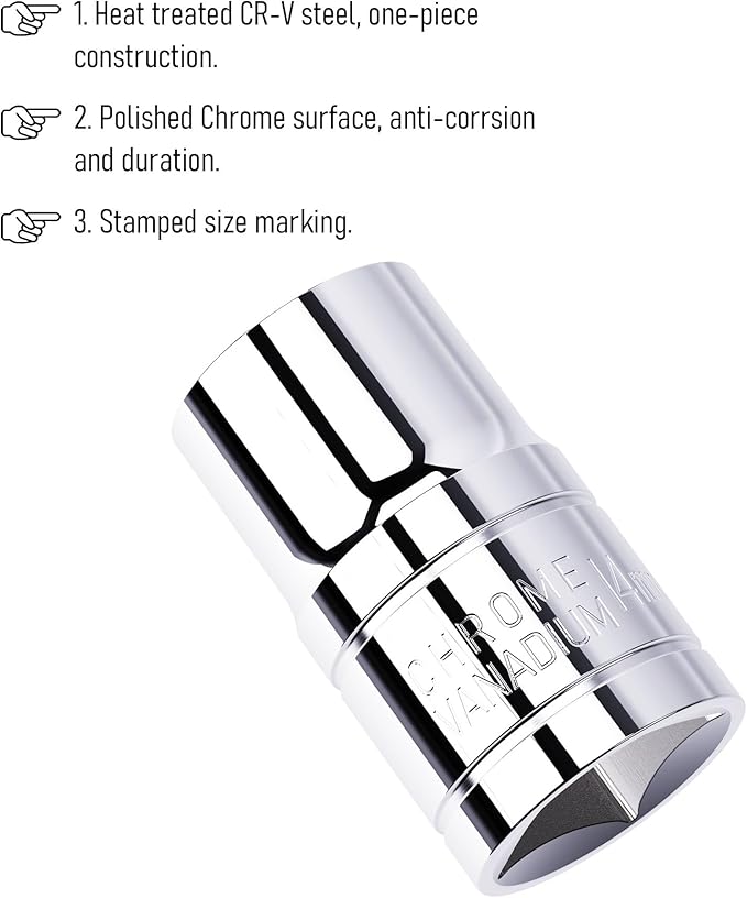 14mm(9/16") Shallow Socket, 1/2 Inch Drive, 6-Point, Metric, Heat Treated CR-V Steel Short Sockets, Full Polishing, 1.5 Inch Length