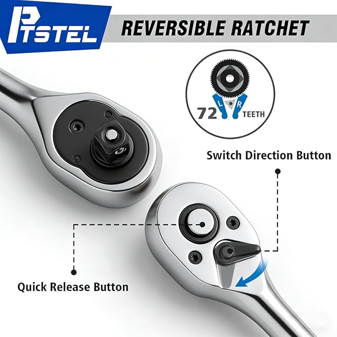 14 Pieces Socket Wrench Kit, 1/4??Drive Socket Set with 72 Teeth Release Ratchet Wrench and Extension Bar, CR-V Sockets