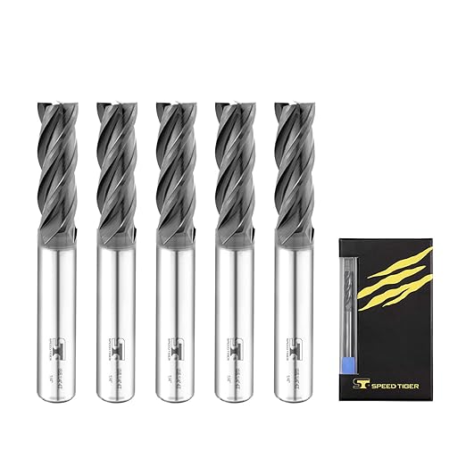 SPEED TIGER Micrograin Carbide Square End Mill - 4 Flute - ISE1/4 4T (5 Pieces, 1/4") - for Milling Alloy Steels, Hardened Steel, Metal & More ??Mill Bits Sets for DIYers & Professionals