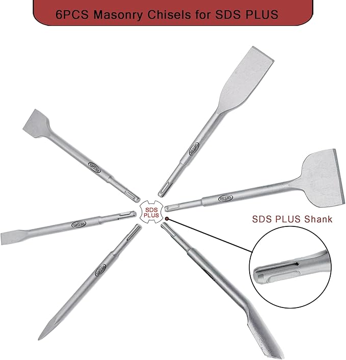 6 pcs SDS Plus Chisel Set, Masonry Concrete Drill Bit Set, Tile Removal Chisel Bits for Rotary Hammer with Point Flat Wide Inclined Grooving Scraping Scaling Removing Tile Thinset