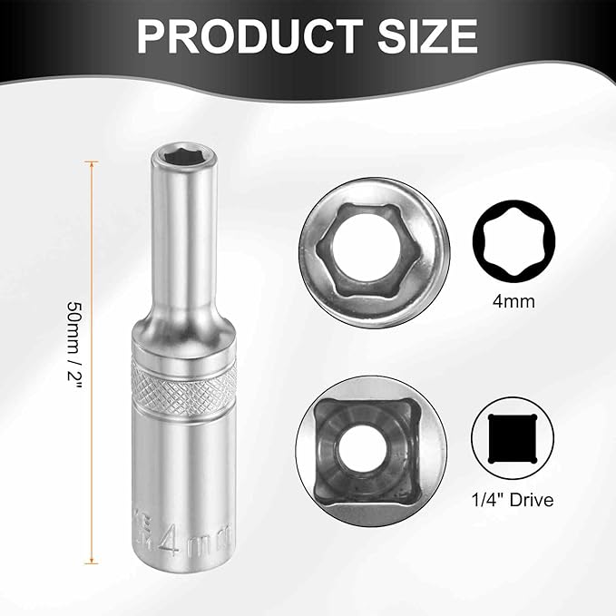 HARFINGTON 6 Points Deep Socket 1/4" Drive 4mm Deep Metric CR-V Steel Polished Nickel Plating Flip Sleeve 50mm / 2" Extra Long Socket Tool for Home Auto Nuts Bolts Repair
