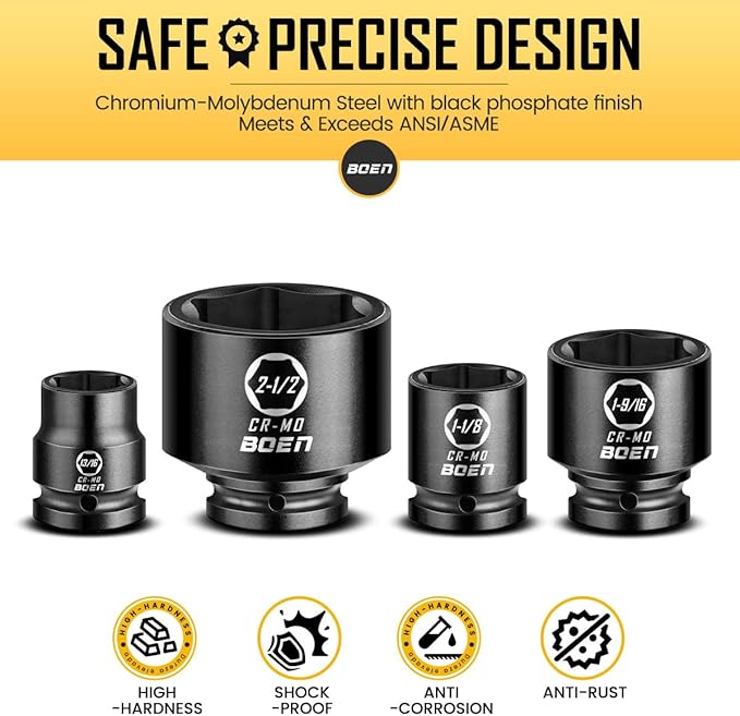 boen 3/4" Drive SAE Impact Socket Set, 3/4 inch - 2-1/2 inch Large Sockets, 6-Point Sockets, Rugged Construction, CR-MO, Standard Socket Set, 29PCS with Storage Case