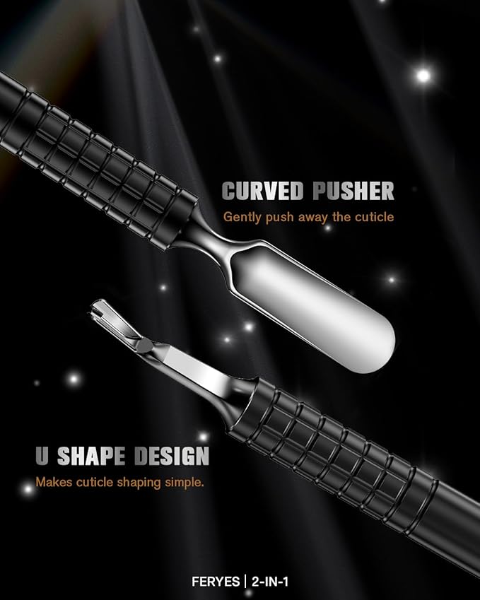 FERYES Cuticle Pusher with Fork, 2-in-1 Cuticle Remover Tool, Upgraded Stainless Steel Cuticle Trimmer Nail Care Tool for Manicures- Black(5.8 Inches）
