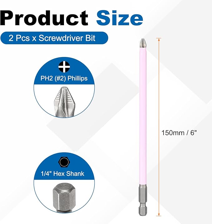 HARFINGTON 2pcs #2 Phillips Impact Screwdriver Bit PH2 1/4" Hex Shank 6" (150mm) Magnetic Anti Slip Cross Head Drill Bits K5 Steel Screw Driver Tool, Pink