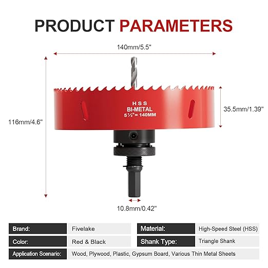 5-1/2" (140mm) Bi-Metal M42 High Speed Steel Hole Saw with Pilot Drill Bit, Smooth Cutting Edge for PVC, Drywall, Wood, Plastic, Gypsum Board, Rubber, Thin Metal