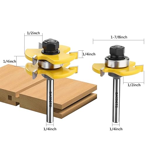 BAIDETS 1/4" Tongue and Groove Router Bits - Set of 2Pcs 1/4 Inch Shank Router Bit Set 3 Teeth Adjustable T Shape Wood Milling Cutter