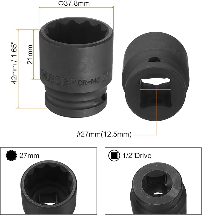 uxcell 1/2" Drive x 27mm Shallow Impact Socket 12-Point Metric CR-MO Steel Nut Impact Grade Socket for Auto Repair