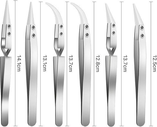6 Pcs Precision Reverse Ceramic Tweezers Set, Non-Conductive Heat-resistant Electronics Soldering Tweezers Anti-Magnetic Pointed & Curved Tips Tweezers for Solder, Pinching Coils (Silver)