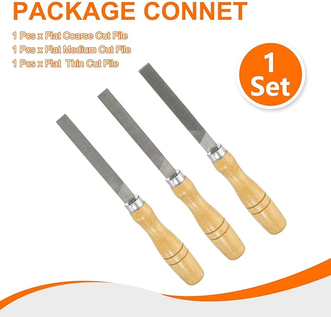 HARFINGTON 3pcs Flat Cut File 4" Double Cut Teeth High Carbon Steel Hand Rasp File with Wood Handle for Metal Wood Deburring Removing