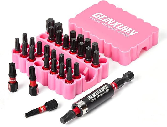 Impact Torx Screwdriver Bits Set, 33 Pieces 1?쒶agnetic S2 Steel Multi Star Driver Bits(T10-T40) and 1 Pc Bit Holder with Pink Soft Base