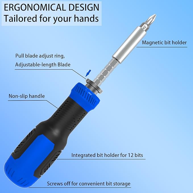 Multi-bit Screwdriver, 13-in-1 Screw Driver Adjustable Mini Screwdriver Set Multitool All in One with Torx Security, Phillips, Hex, Flat Head, Square and 1/4 Nut Driver (Blue)