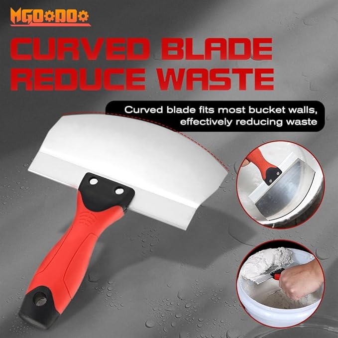 Mgoodoo 2PCS Stainless Steel Bucket Scoop,6.5 inch Curved Contoured Blade Putty Knife for Drywall & Plaster,Rustproof Scraper Tools with Soft-Grip Handle for Clean Paint,Mortar,Putty,etc(Red)