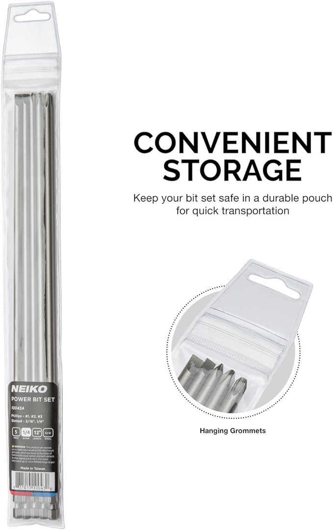 NEIKO 10043A Extra Long Bit Set | 5-Piece | Cr-V Steel | 12-Inch Length Phillips and Slotted Screwdriver Bits |1/4-Inch Hex Shank | Power Driver Bit Set