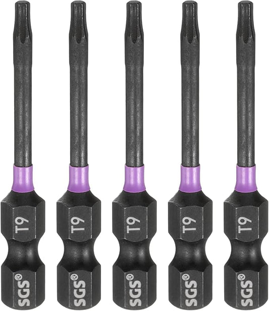 HARFINGTON 5pcs T9 Torx Head Impact Screwdriver Bits 1/4" Hex Shank 2" (50mm) Long Magnetic No Hole Tamper Proof 6 Point Star Screw Driver Drill Bits Phosphate S2 Steel Power Tools