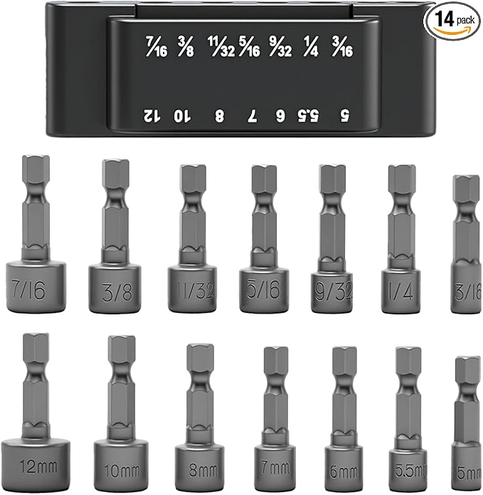 14pcs Power Nuts Driver Drill Bit Tools Set Metric Socket Wrench Screw 1/4'' Driver Hex Keys