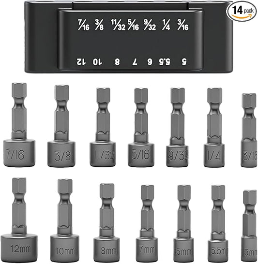 14pcs Power Nuts Driver Drill Bit Tools Set Metric Socket Wrench Screw 1/4'' Driver Hex Keys