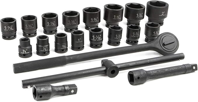 Stark USA 21-Pieces 3/4" Drive Deep Impact Socket Set Sliding T-Bar Master SAE Includes Ratchet Handle and Extension Bars with Case (3/4" - 2" inch)