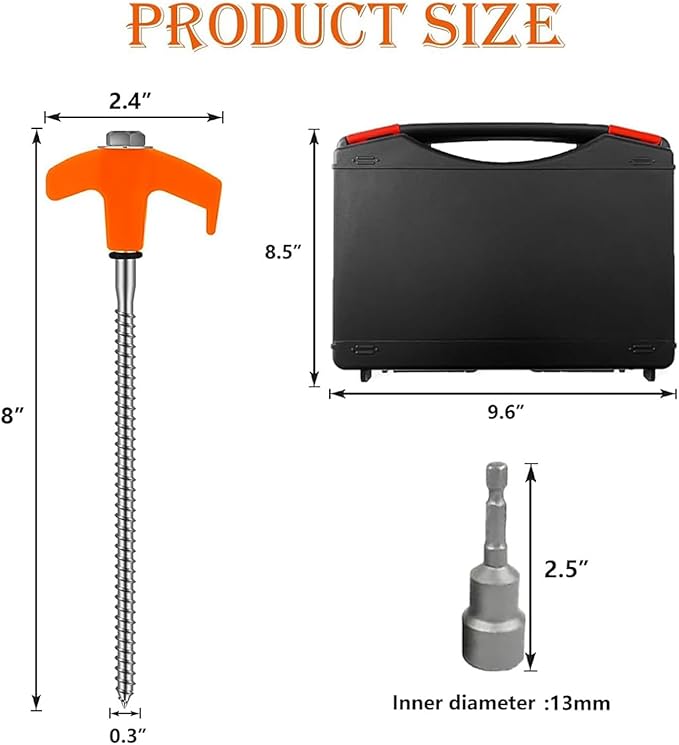 8" Tent Stakes Heavy Duty 12 Pack, Screw in Tent Stakes, Metal Threaded Camping Stakes, Ground Anchors for Canopies, Gardening, Christmas Yard Stakes for Inflatables, with Storage Box and Hex Socket