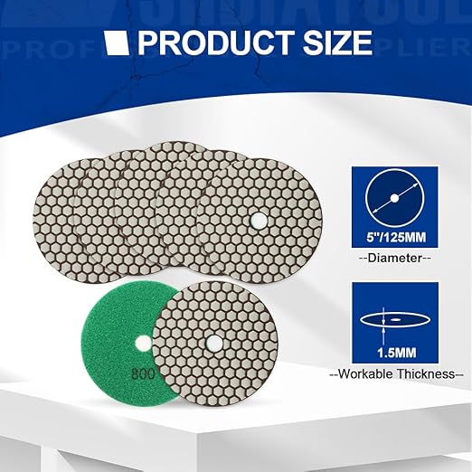 SHDIATOOL 5 Inch Dry Diamond polishing Pads Grit 800 for Granite Marble Quartz(7-Pack)