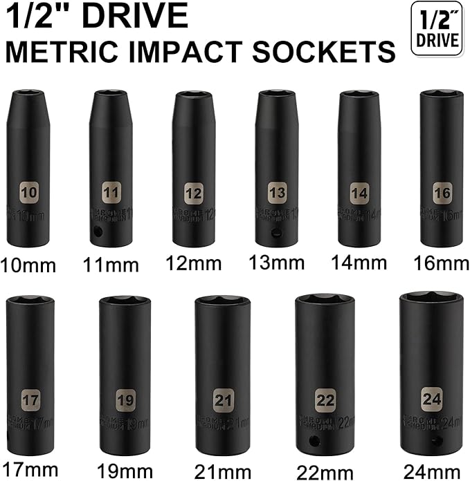 Mayouko 1/2" Drive Deep Metric Impact Socket Set, CR-V, 6 Point, 11 Pieces, 10mm to 24mm
