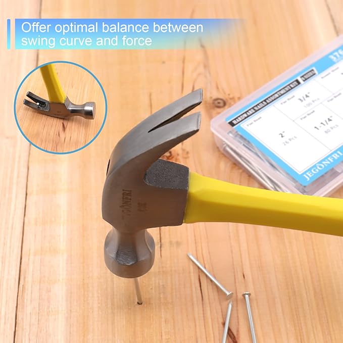 376pcs Hardware Assortment Kit with 2" Nails & 8oz Claw Hammer for Hanging Pictures, Finishing, Wall, Small, Wood Nails and Hammer