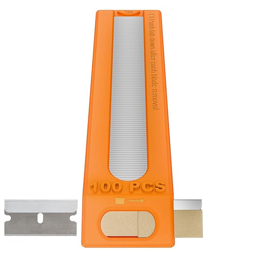 100-Pack Single Edge Razor Blades with Dispenser, Carbon Steel Scraper Blades, each Blades measures 1.5" x 0.75", Fits Standard Scrapers, for Removing Paint, Labels & Stickers, DIY & Professional Use