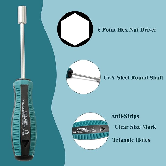 Utoolmart Socket Wrench Screwdriver, 6mm Non-Magnetic Tip Hex Nut Driver, Socket Driver Hex Nut Key Wrench Screwdriver, with 75mm Cr-V Steel Round Shaft, Screwdriver Nutdriver Hand Tool