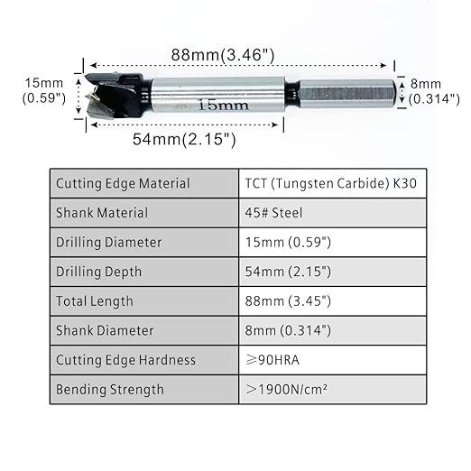 Forstner Drill Bits 15mm (19/32 inch) Tungsten Carbide Wood Hole Saw Auger Opener Woodworking Drilling Tool Wood Cutter