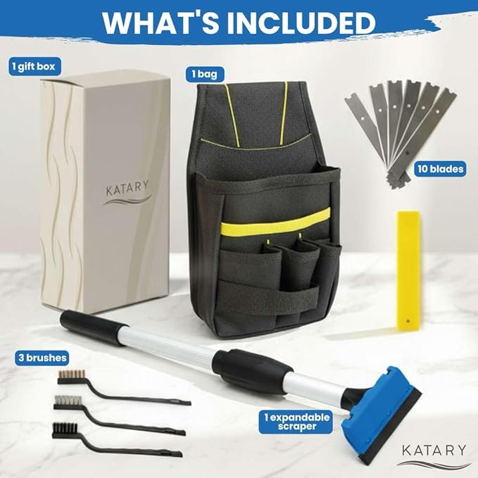 KATARY Long Handle Floor Scraper and Wall Tile Scraper Tool with Razor Blade with Tool Bag and 3-Piece Cleaning Brush Set - Grout, Concrete and Glue Remover Kit