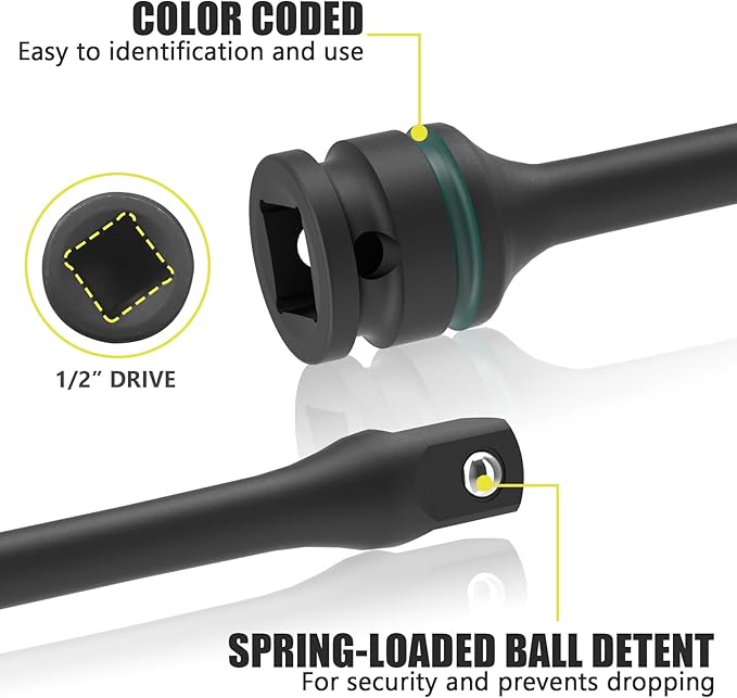 1/2" Drive Torque Limiting Extension Bar Set, 10-Piece Lug Nut Torque Stick Set With 8 Inch Color-Coded 65 to 150 Ft-Lbs Torque Sticks