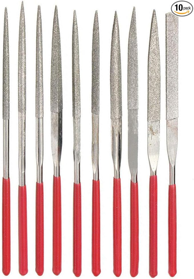YAKAMOZ 10-Piece Mini Diamond Needle File Set 2x100mm Small Metal Riffler Files Jewelers File Precision Hand Tools for Glass Wood Stone Jewelry - Round Triangular Square Flat Shape