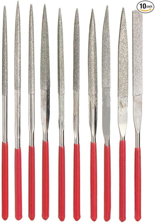 YAKAMOZ 10-Piece Mini Diamond Needle File Set 2x100mm Small Metal Riffler Files Jewelers File Precision Hand Tools for Glass Wood Stone Jewelry - Round Triangular Square Flat Shape