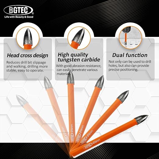 Carbide Tip Drill Bit-BGTEC Wood Drill Bits, 10pcs Round Shank 3/16"*3+1/4"*3+5/16"*2+3/8"+1/2" Cross Hard Alloy Drill Bits for Wood Plastic Masonry Brick
