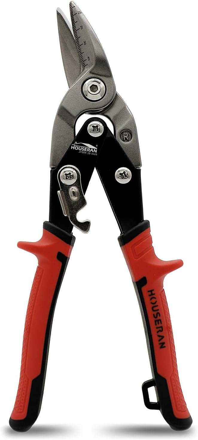 10 Inch Tin Snips, Right Cut Offset Aviation Snips, Heavy Duty CR-MO Metal Cutter with Double Lever, Scale Markings & Safety Lock, Tinner Shears Scissors for Cutting Metal Sheet