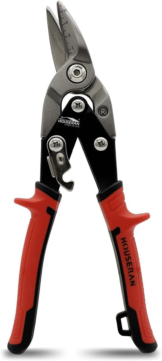 10 Inch Tin Snips, Right Cut Offset Aviation Snips, Heavy Duty CR-MO Metal Cutter with Double Lever, Scale Markings & Safety Lock, Tinner Shears Scissors for Cutting Metal Sheet