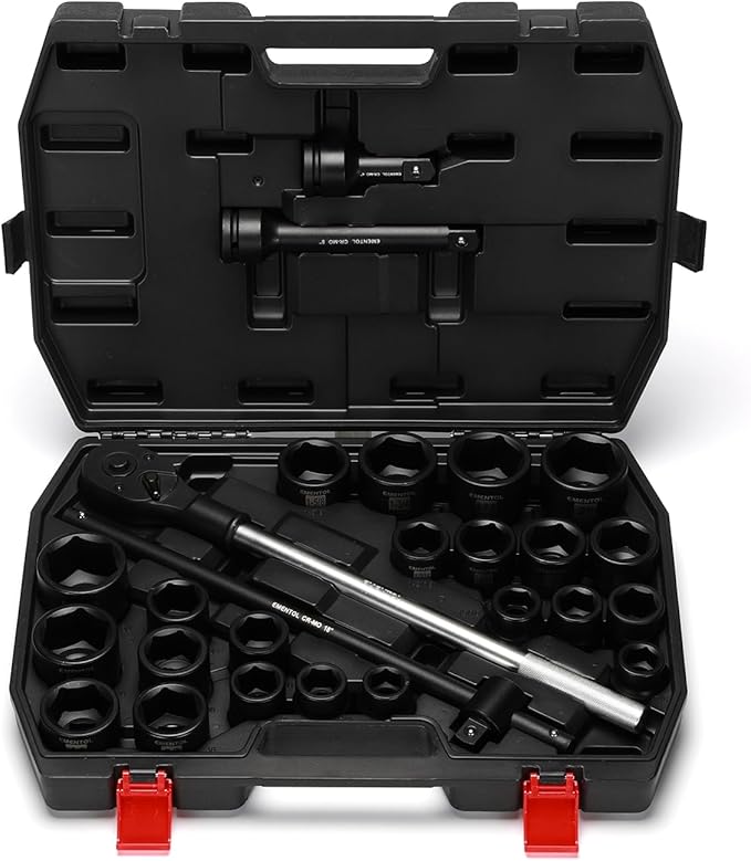 EMENTOL 3/4" Drive Jumbo Impact Socket Set, 27PCS, SAE (7/8"-2") and Metric (22mm-50mm),Shallow, 6-Point,Includes Ratchet Handle, Extension Bars, Sliding Breaker Bar, CR-MO