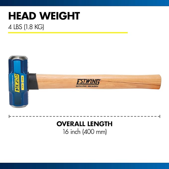Estwing 4-Pound Hard Face Sledge Hammer - 16-Inch Hickory Handle, Ergonomic Grip, Durable Construction for Demolition & Stake Driving