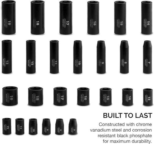 NEIKO 02433A 3/8??Drive Standard and Deep Metric Impact Socket Set | 26 Pieces | Metric 7mm to 19mm | Premium Cr-V Steel | 6-Point Hex Design | Corrosion Resistant Black Phosphate Coating